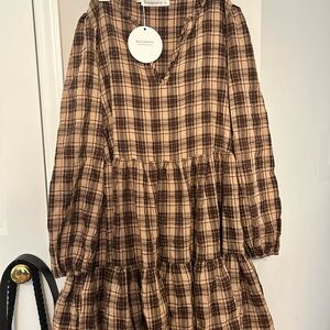 Brown and Tan Buttoned Sundress with Bishop Sleeves